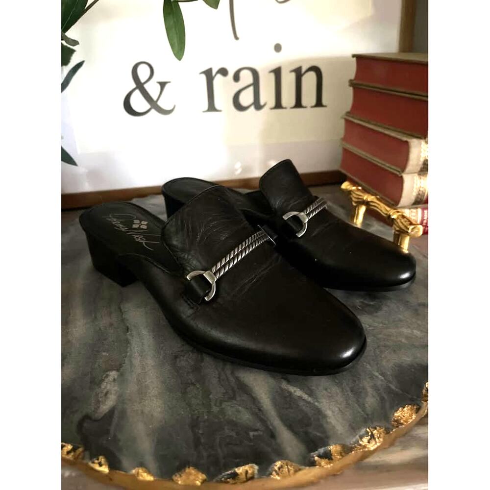 Patricia Nash Leather Mules Loafer 6 Black Chains Horsebit Western Cowboy Boho